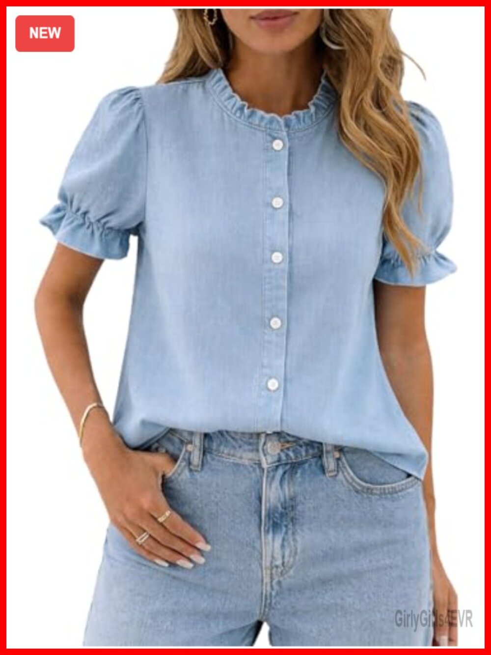 Women's Ruffle Neck Denim Blouse Puff Short Sleeve Button Down Shirt